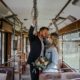Wedding couple in old streetcar bavaria